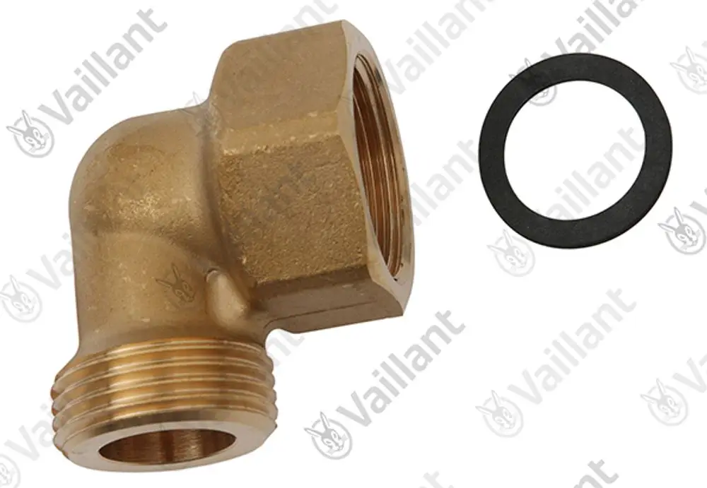 Brass elbow fitting with threaded ends and a black sealing ring, branded Vaillant, suitable for plumbing applications.